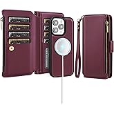 Antsturdy Compatible with Magsafe Magnetic 2 in 1 Detachable iPhone 15 Pro Max Wallet Case with Credit Card Holder Slots,PU Leather RFID Blocking Phone Cover Wrist Strap Zipper Women Men,Wine Red