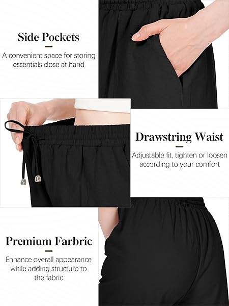 URATOT WOMEN’S COTTON PALAZZO PANTS SUMMER WIDE LEG HIGH WAIST CASUAL LOOSE DRAWSTRING LOUNGE TROUSERS WITH POCKET BLACK