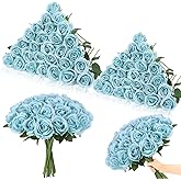 Ovveroche 80 Pcs Roses Artificial Flowers, Silk Haze Blue Artificial Flowers Petals Long Stem Roses for Wedding Bouquet Home Party Decor