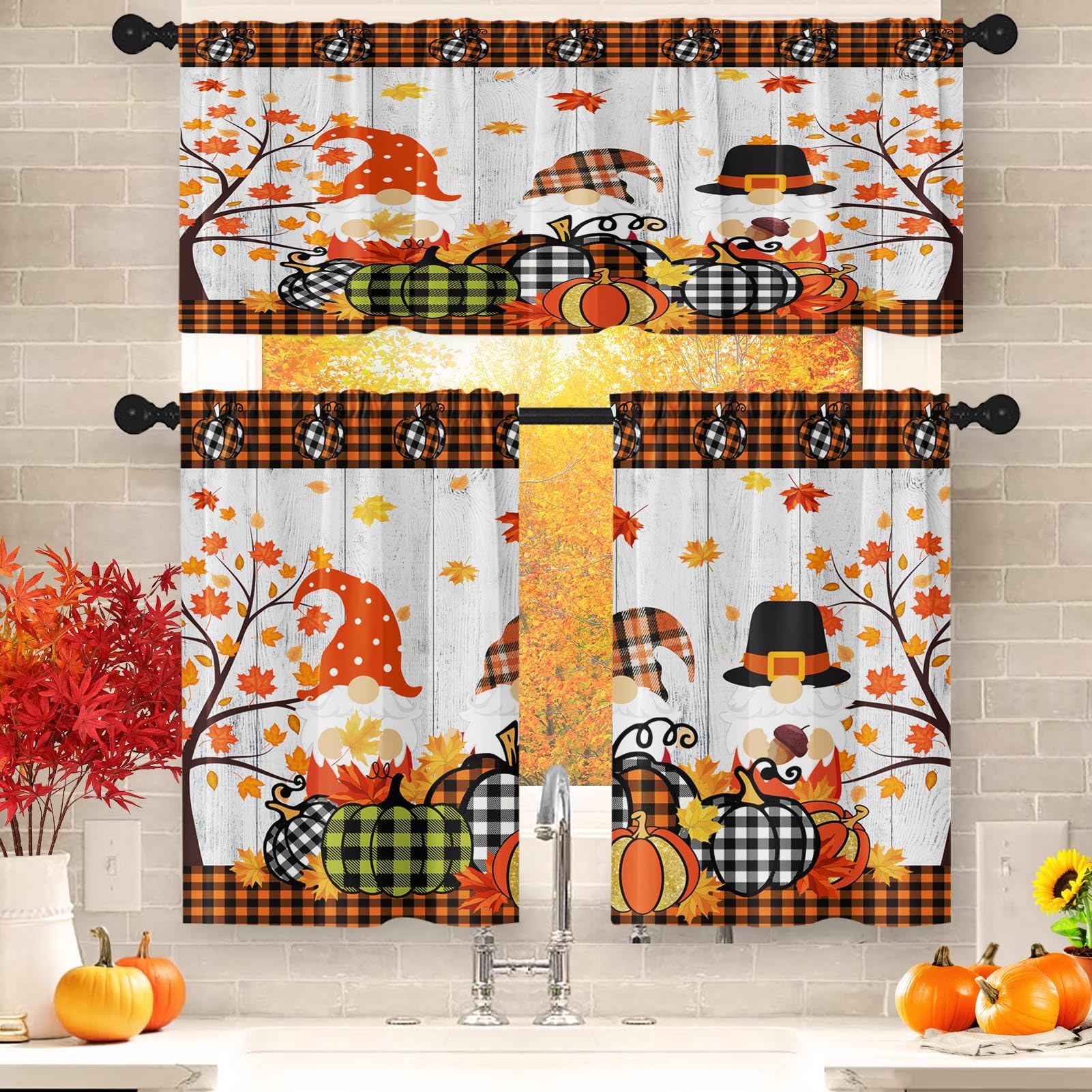 Photo 1 of Tayney Pumpkin Gnome Kitchen Curtains Fall Plaid Window Curtains Valance and Tier Set 36 Inch, Autumn Farmhouse Rod Pocket Short Tier Curtain for Room, Thanksgiving Small Cafe Kitchen Decor