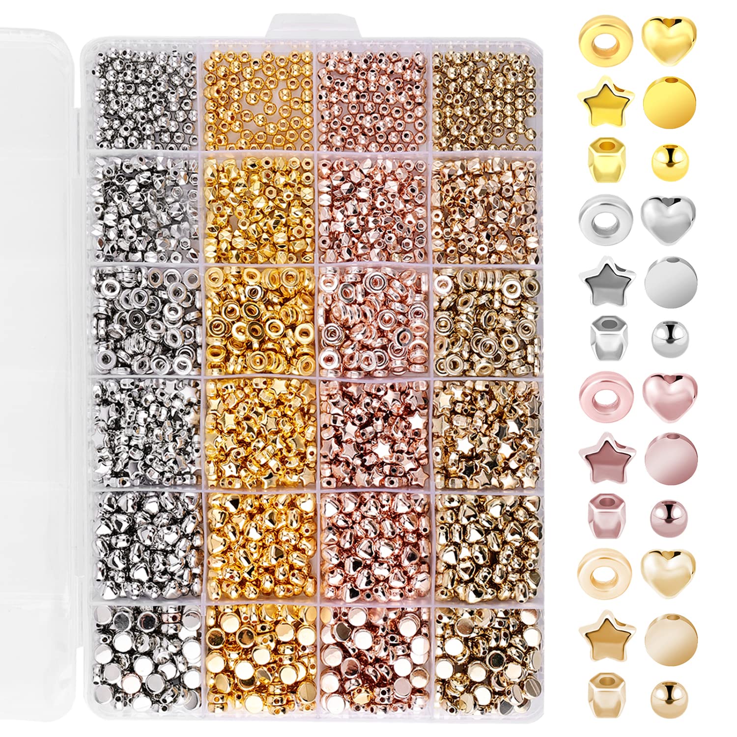KINBOM 2160pcs Star Spacer Bead Gold Silver Disc Round Spacer Beads Set for Jewelry Making Bracelet Making (4 Colors)