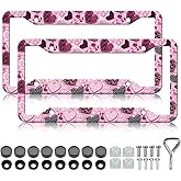 HCSS 2PCS Pink Love Heart License Plate Frames, Cute Heart Roses Print Aluminum Metal License Plate Holder, Rust-Proof Waterproof Car Decorative Tag Frames for Standard US 12x6 Inch