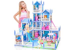 AmiDear Dream Doll House, 4-Story 11 Rooms Pool Party Dreamhouse, Princess Dollhouse Playset with Furniture, Toddler Play-House Toy for 3 4 5 6 7 8 9 10 Year Old Girls - Blue