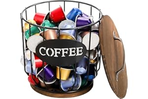 yarlung Coffee Pod Holder with Lid, Large Capacity K Cup Holder with Rustic Wooden Base, Black Wire Coffee Storage Basket for