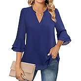 Lotusmile Womens Tops Dressy Casual 3/4 Tiered Bell Sleeve Blouses Double Layered Chiffon Work Tunic Shirts