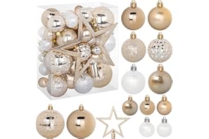 TranquilBliss 50 Pcs Christmas Ornaments Set with Strings, Christmas Ball Ornaments Set with Hanging Strings, Shatterproof Christmas Decorations Ornaments for Xmas Tree (Deep Champagne)