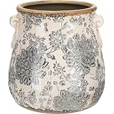 Ninehaoou Ceramic Scroll Planter 6.5 Inch, Gray | Chinoiserie Floral Vase with Drainage Holes Vintage Flower Pot Rustic Pots for Indoor Plants Garden Home Bookshelf Decor