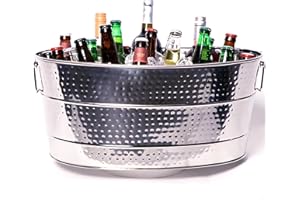 BREKX Aspen Heavy-Duty Oval Stainless Steel Bucket - Metal Large Ice Bucket for Drinks, 25-Quart (30-Bottle) Bucket Cooler Ice Container for Party, Glossy Sealed Hammered Finish, Leak Resistant