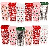 Whaline 12Pcs Christmas Plastic Cups Gifts 16oz Drinking Cup with Lids Pink Red Green Xmas Tree Gingerbread Snowflake Reusable Coffee Cup for Women Coworkers Holiday Drinks Winter New Year Supplies