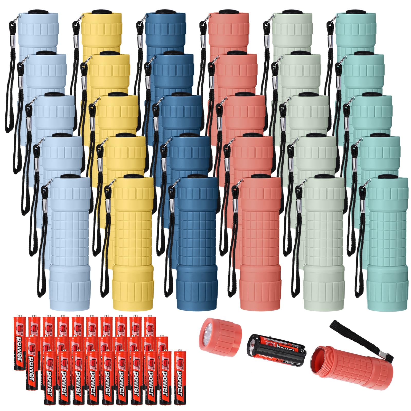 Photo 1 of Glooglitter 30 Pack 9 LED Small Mini Flashlight Set Plastic Handheld Flashlights with Lanyard, 3 AAA Batteries Included for Kids Night Reading Camping Emergency Hunting, 6 Color (Muted Color)