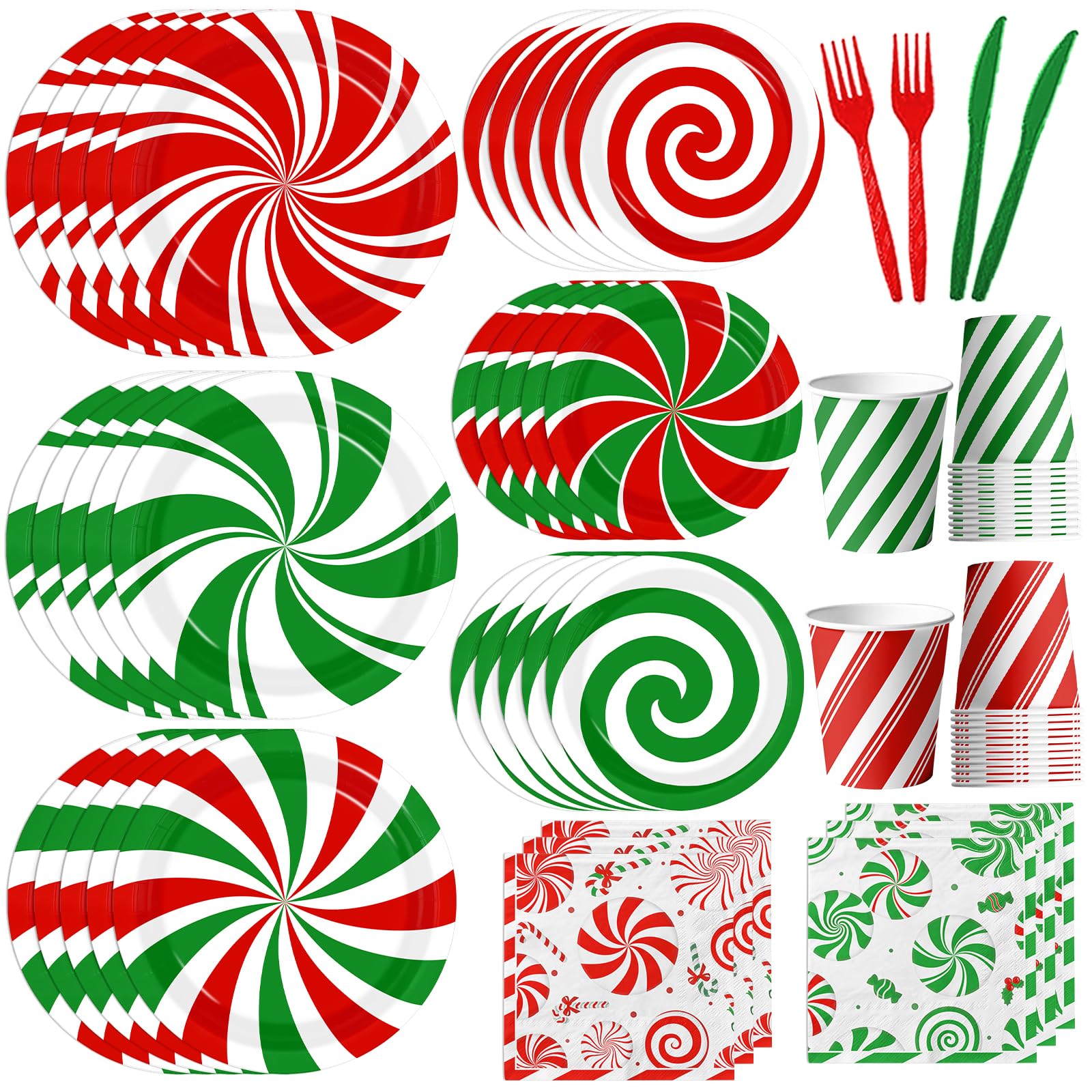 Photo 1 of 144pcs Christmas Candy Paper Plates and Napkins, Candy Cane Christmas Decorations, Red Green Peppermint Plates Napkins Cups for Holiday Xmas Party Decorations, Serves 24