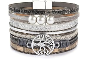 FANCY SHINY Tree of Life Leather Wrap Bracelet Inspirational Cuff Bangles Boho Pearl Bracelets with Magnetic Clasp Unique Jewelry Gifts for Women