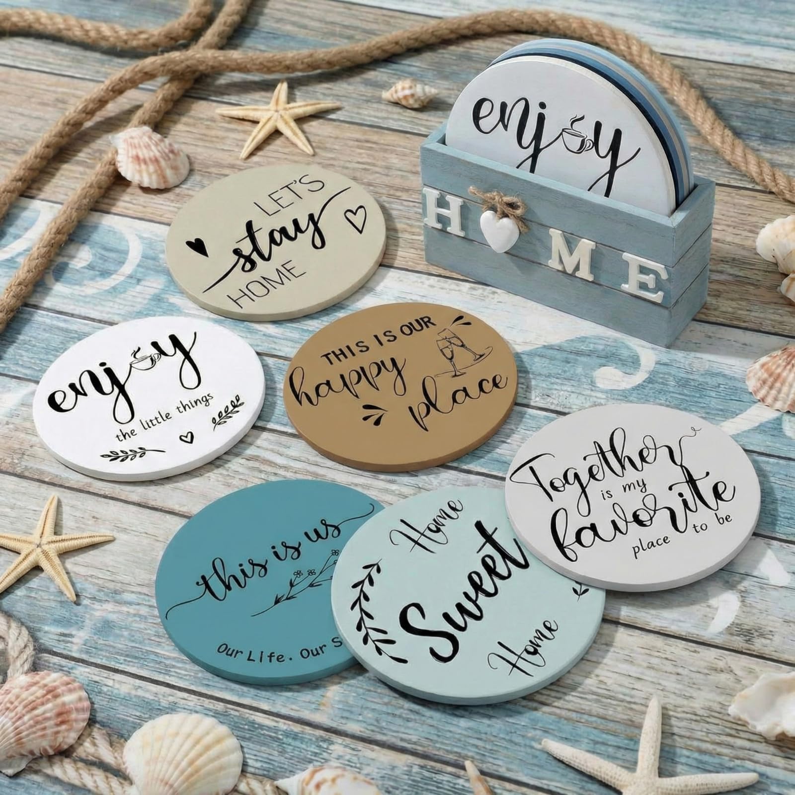 Queekay Trivets Set of 6, 7" Trivets for Hot Dishes Housewarming Gifts New Home, Pots and Pans Farmhouse Trivet Set with Holder Heat Resistant Mat Countertop Protectors for Home Kitchen(Ocean)