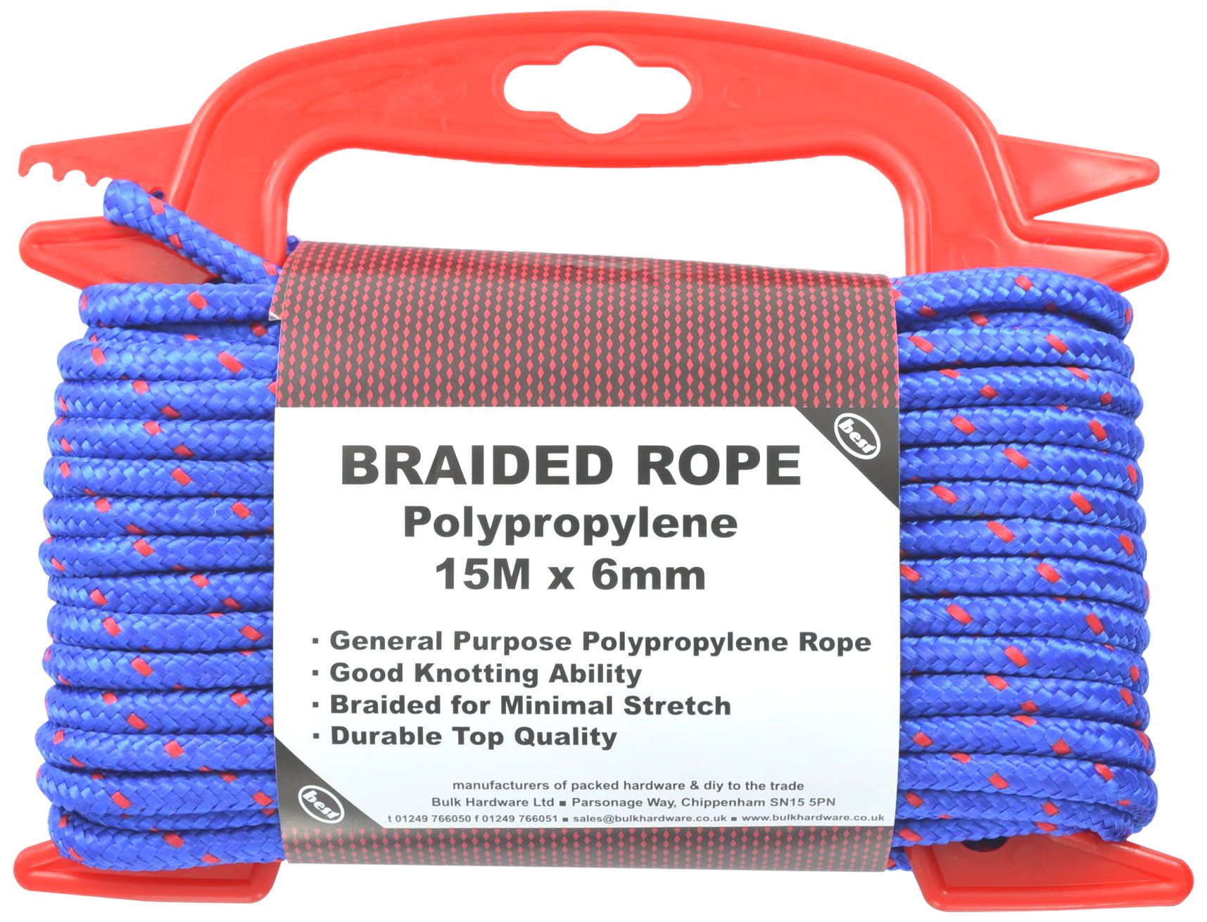 Merriway BH03166 Braided Polypropylene Rope 15M x 6mm Hand Reel -1 Pcs, Blue