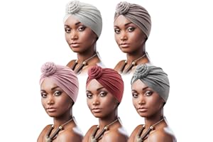 DRESHOW 5 Pack Knotted Headwraps for Women African Turban Pre-Knotted Beanie Headwraps Hair Covers