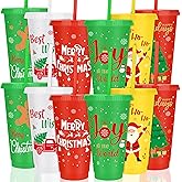 Kochorie 12 Pieces Christmas Plastic Cups 24oz Reusable Plastic Tumbler with Lids and Straws Bulk Christmas Holiday Drinking Cups for Xmas Party Supplies, 6 Designs