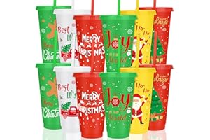 Kochorie 12 Pieces Christmas Plastic Cups 24oz Reusable Plastic Tumbler with Lids and Straws Bulk Christmas Holiday Drinking Cups for Xmas Party Supplies, 6 Designs