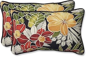 Pillow Perfect Tropic Floral Indoor/Outdoor Accent Throw Pillow, Plush Fill, Weather, and Fade Resistant, Lumbar - 11.5" x 18.5" , Black/Green Clemens, 2 Count