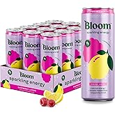 Bloom Nutrition Sparkling Energy Drink for Focus, Natural Caffeine, Zero Sugar, 180mg Caffeine, Antioxidant-Rich with Green Coffee Bean, Green Tea Extract, & Prebiotics, Raspberry Lemon 12oz 12 Pack