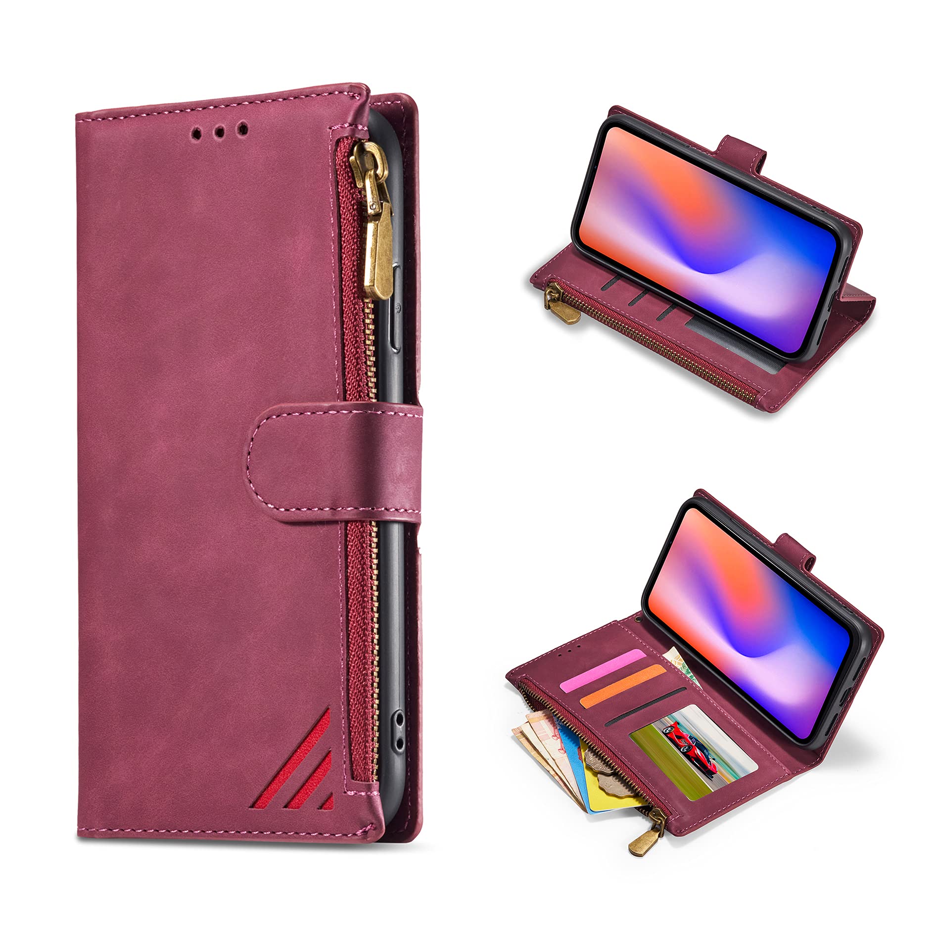 DEFBSC Case for 6.7" iPhone 12 Pro Max, Stitching Zipper Case Premium PU Leather Magnetic Closure Card Holder Slots Zipper Pocket Case with Wrist Strap TPU Shockproof Flip Case Cover - Wine Red โ image 1