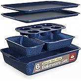 BAKKEN Kitchen Baking Pan Set - Nonstick Blue Marble Coating, Commercial Grade Carbon Steel Bakeware Sets, Baking Kitchen Essentials, PFOA, PFOS, PTFE Free, Oven Safe Tray (Up To 450° F), Set of 6