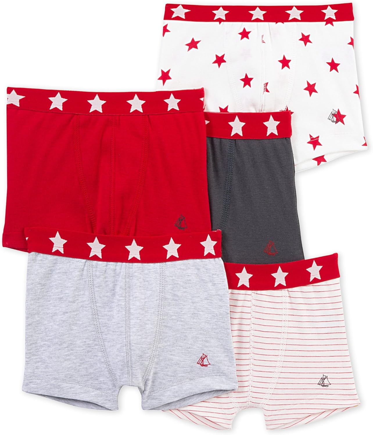 Petit Bateau Boys' 5 Pack Printed and Solid Boxers with Star Waistband: Clothing