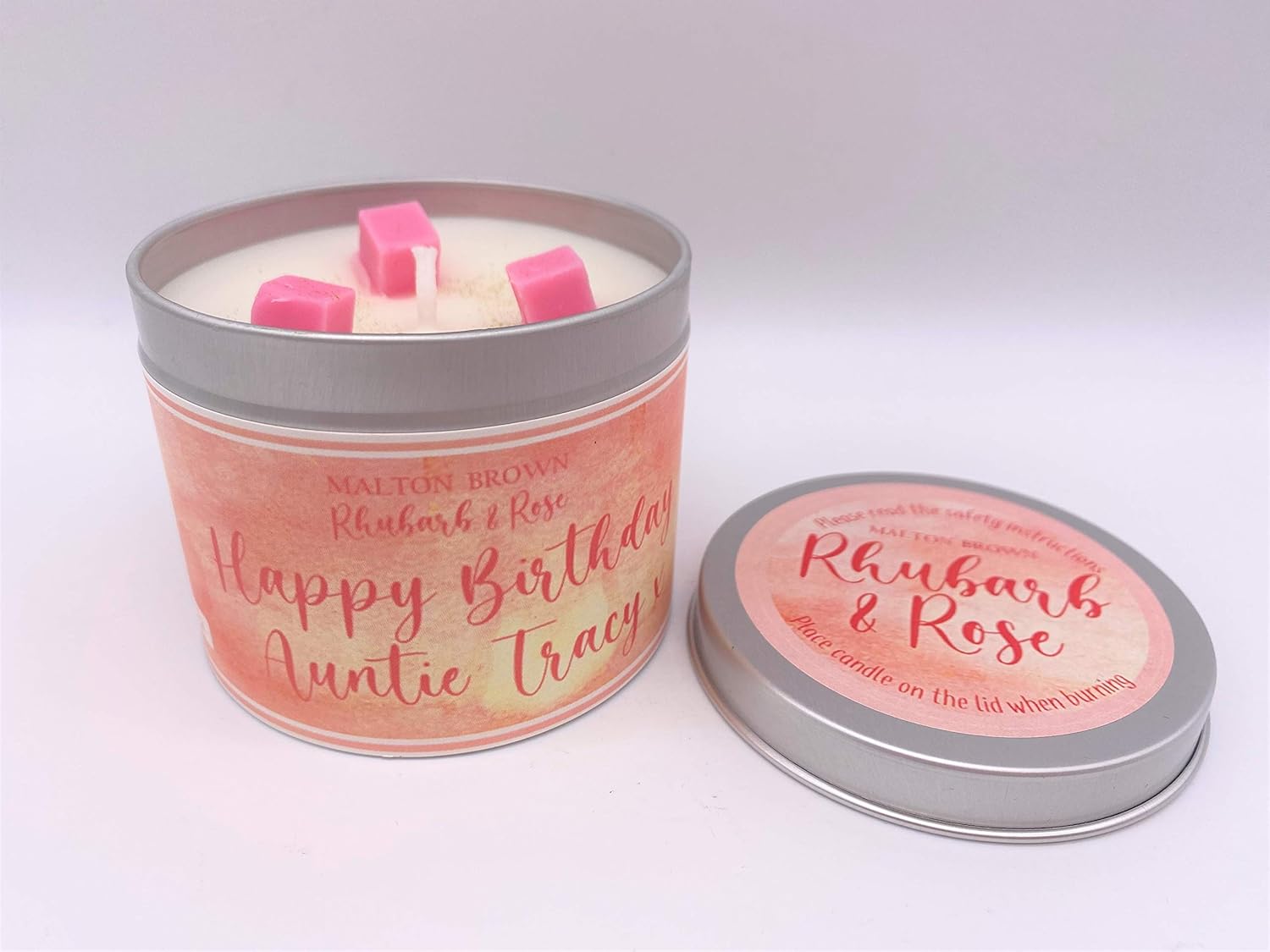 Rhubarb & Rose Scented Candle Tin Personalised Birthday Gift/Present