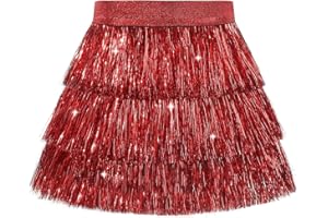 Noomelfish Girls Tinsel Fringe Skirt Sparkly Tassel Metallic Party Skirt(5-12 Years)