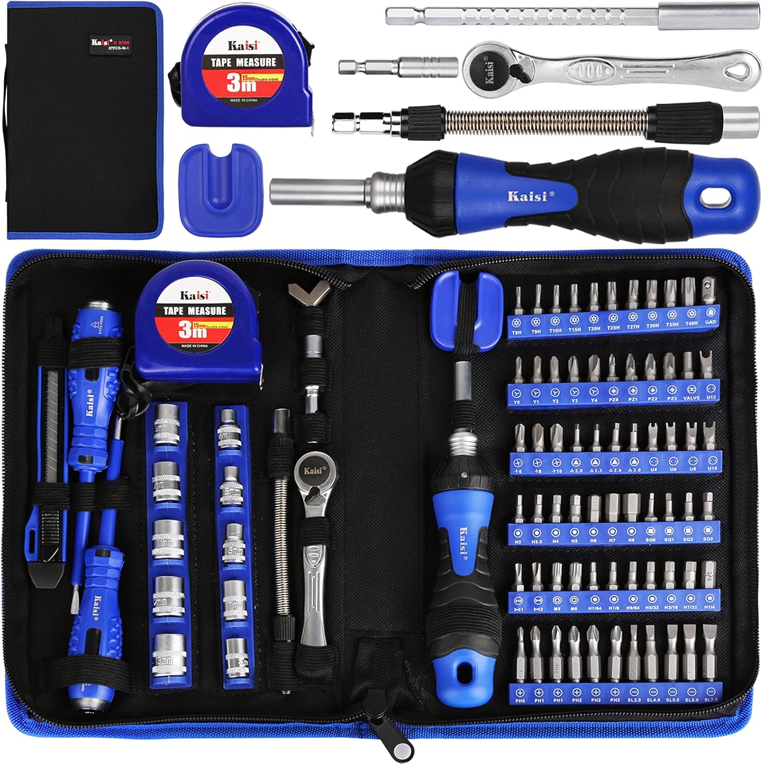 Kaisi 87-Piece Ratcheting Screwdriver Set Ratchet Wrench Magnetic Drive Kit 67 Multi-Size Bits and 1/4" Drive Sockets with Portable Oxford Bag for Home Repair, Improvement, Garage. Best Tool Set Gift: Home Improvement