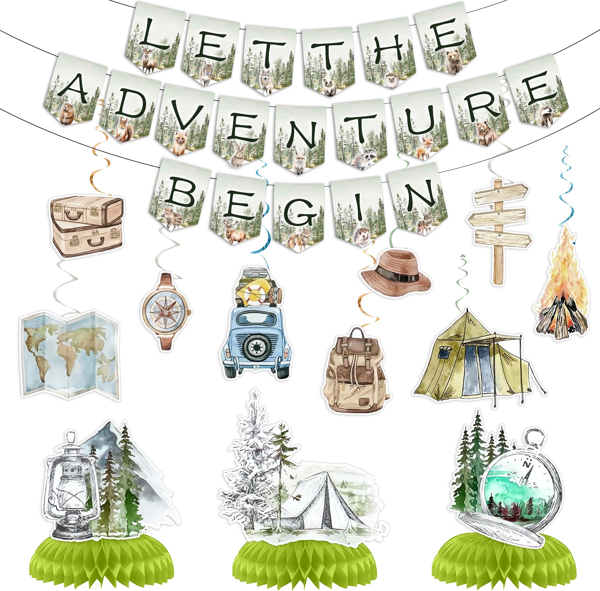 Photo 1 of 13Pcs Adventure Time Party Decorations Let the Adventure Begin Banner-Hanging Swirls-Honeycomb Centerpiece for Travel Party & Camp Party Decorations
