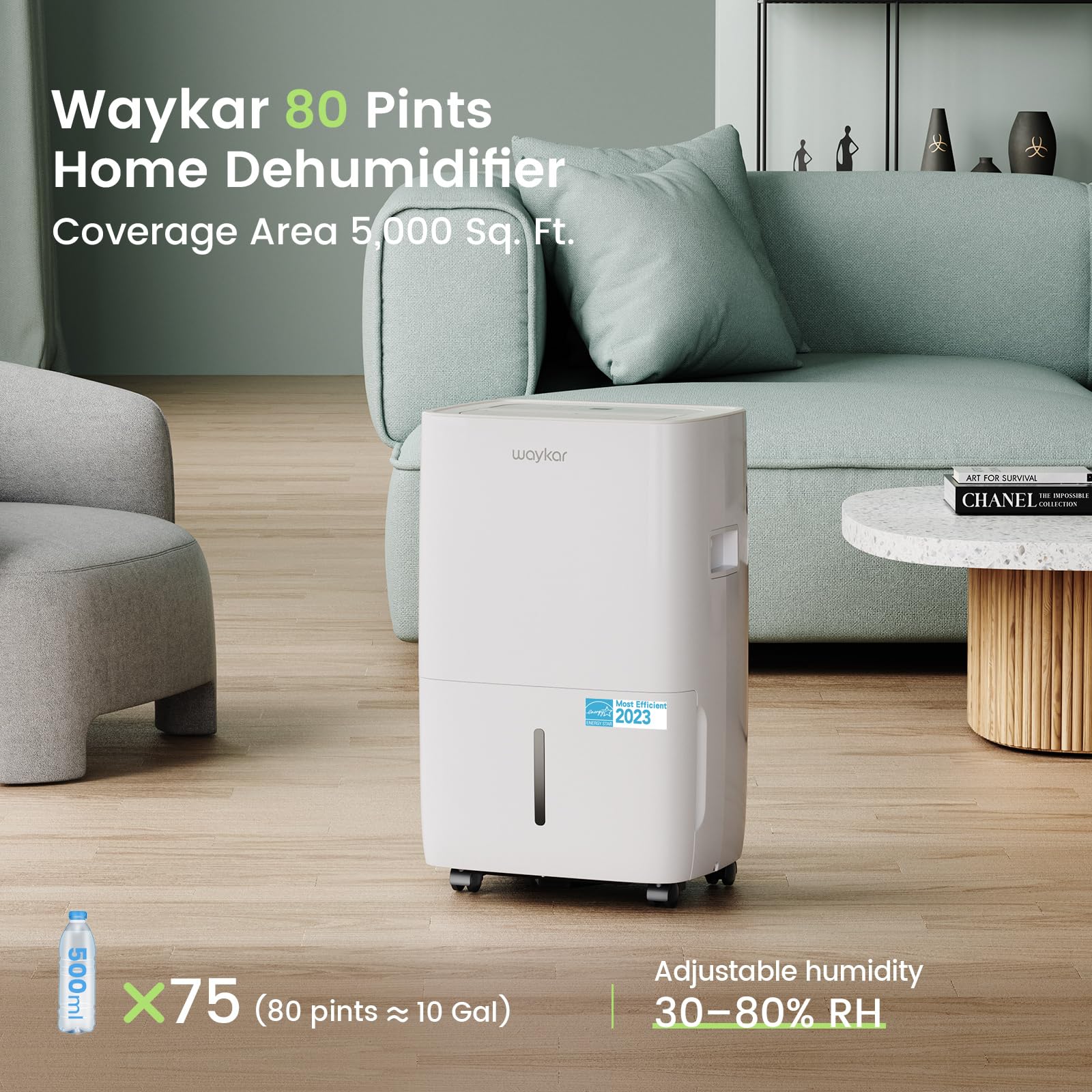 Waykar 80 Pints 2025 Energy Star Dehumidifier for Spaces up to 5,000 Sq. Ft for Basement and Home, Large Room with Drain Hose and 1.14 Gallons Water Tank