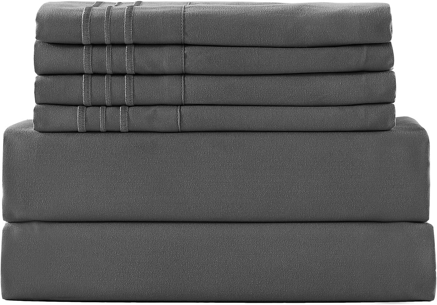 VAELY 1800 Thread Count Bed Sheets Set Cooling Brush Microfiber Soft Luxury Egyptian Sheets 16-Inch Deep Pocket Wrinkle, Fade, Shrink, Stain Resistant and Hypoallergenic - 6 Piece (Grey, Queen)