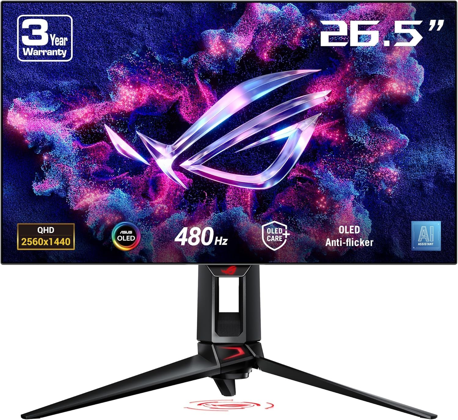 ASUS ROG Swift PG27AQDP Monitor 27", Quad HD WOLED (2560x1440), HDMI e DisplayPort, 0,03 ms (GTG), 480 Hz, Compatibile con G-SYNC, OLED Care+, Nero