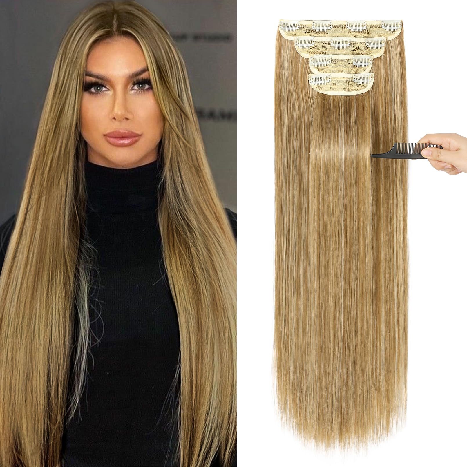 Photo 1 of REECHO 28" Straight Long 4 PCS Set Thick Clip in on Hair Extensions - Golden Blonde with Highlights
