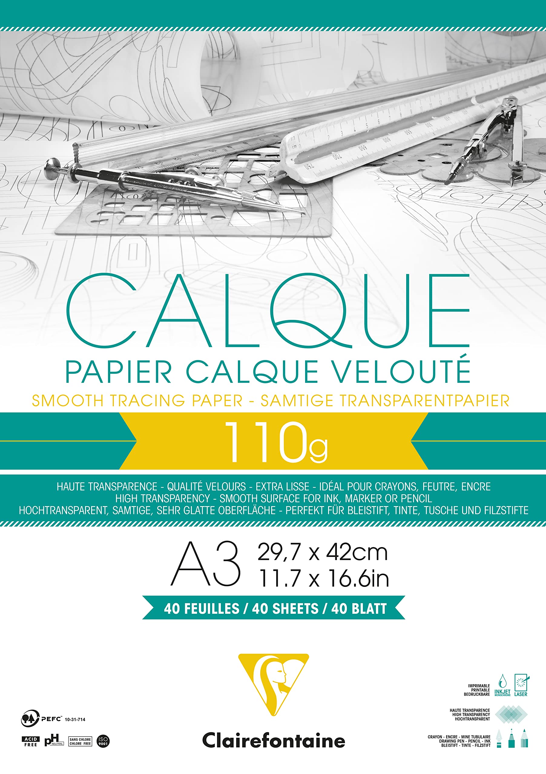 Clairefontaine - Ref 975107C - Tracing Paper Pad (40 Sheets) - A3 Sized, 110g, High Transparency, Smooth Surface, Acid Free, Printable - Suitable for Ink, Marker & Pencil