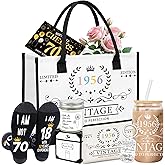 MOIZYNG 30th 40th 50th 60th 70th 80th Birthday Gifts for Women with Canvas Tote Bag Makeup Bag Sock Glass Cup Candle Keychain