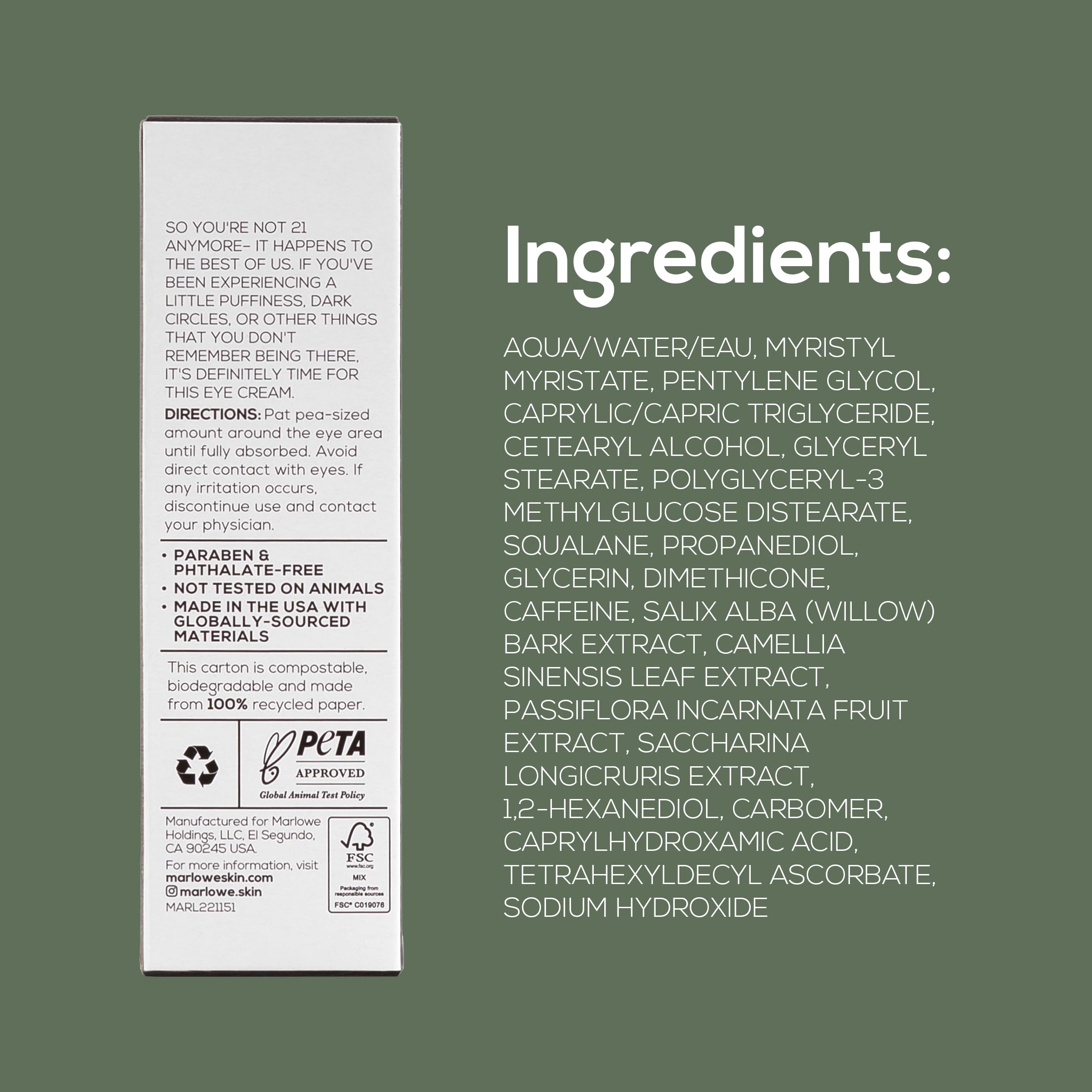 MARLOWE. No.127 Men’s Eye Cream, Vitamin C, Caffeine & Moisturizing Squalane for Puffiness, Wrinkles & Dark Circles, Holiday Grooming Gift or Stocking Stuffer, 0.5 fl oz