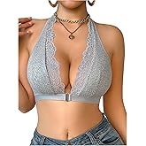 OYOANGLE Women's Lace Bralette Halter Neck Trim Front Closure Lace Bra Wireless Backless Knitted Casual Everyday Bras