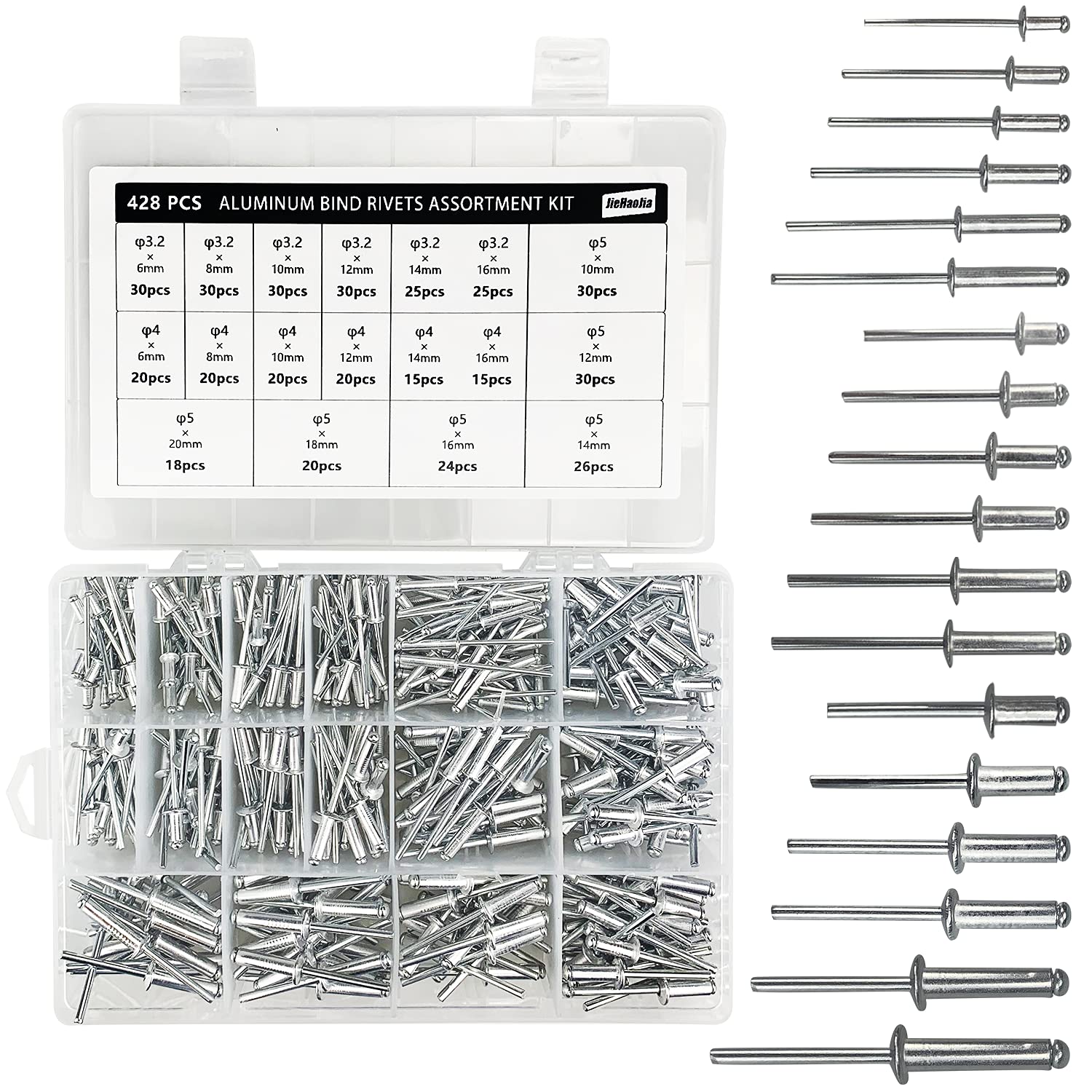 428Pcs Aluminum Alloy Blind Rivets Pop Rivets Aluminum Bind Rivets Rivets Assortment Kit 18 Sizes with a Storage Box,for Racks, Trailers, Ships