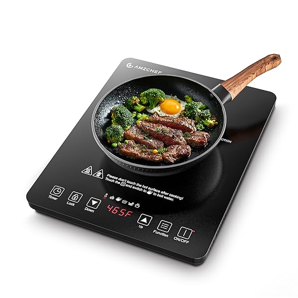 AMZCHEF PORTABLE INDUCTION COOKTOP 20 TEMPERATURE & POWER LEVELS, 1800W INDUCTION STOVE BURNER WITH 6.8″ HEATING COIL, LOW NOISE HOT PLATE SINGLE ELECTRIC COOKTOPS COUNTERTOP STOVE WITH TIMER