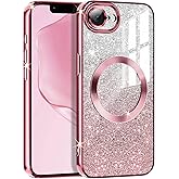 Casetego for iPhone 16e Case 2025,Compatible with MagSafe,Clear Magnetic Glitter Sparkle Luxury Plated Soft TPU Bumper Full Camera Lens Protector for Apple iPhone 16e,All Rose Gold