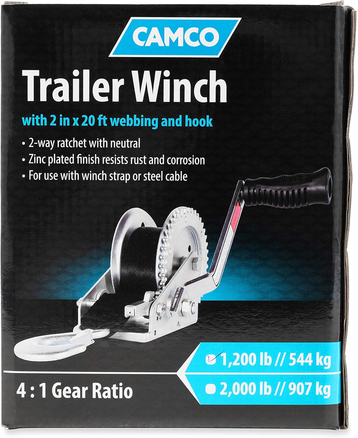 Camco Heavy Duty Steel Marine Towing Winch- Corrosion Resistant | 1,2000 lb Capacity| Durable Gears Resist Wear & Tear| Resilient & UV Resistant 20’ Strap - (50001): Automotive