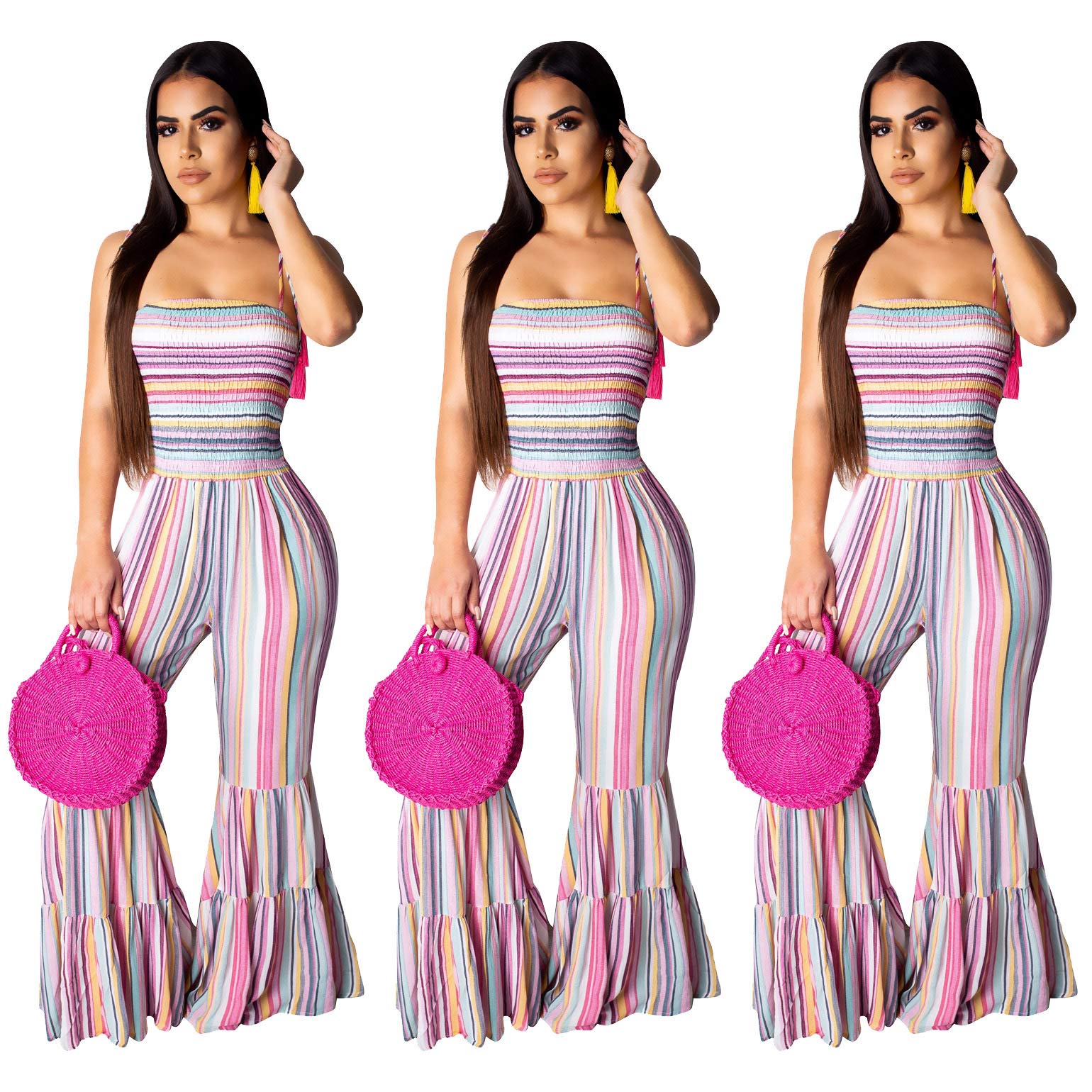 ECHOINE Women Bell Bottom Playsuit Jumpsuit, Spaghetti Strap Cold Shoulder Empire Waist Flare Pants Rompers Jumpsuits 2XL Pink