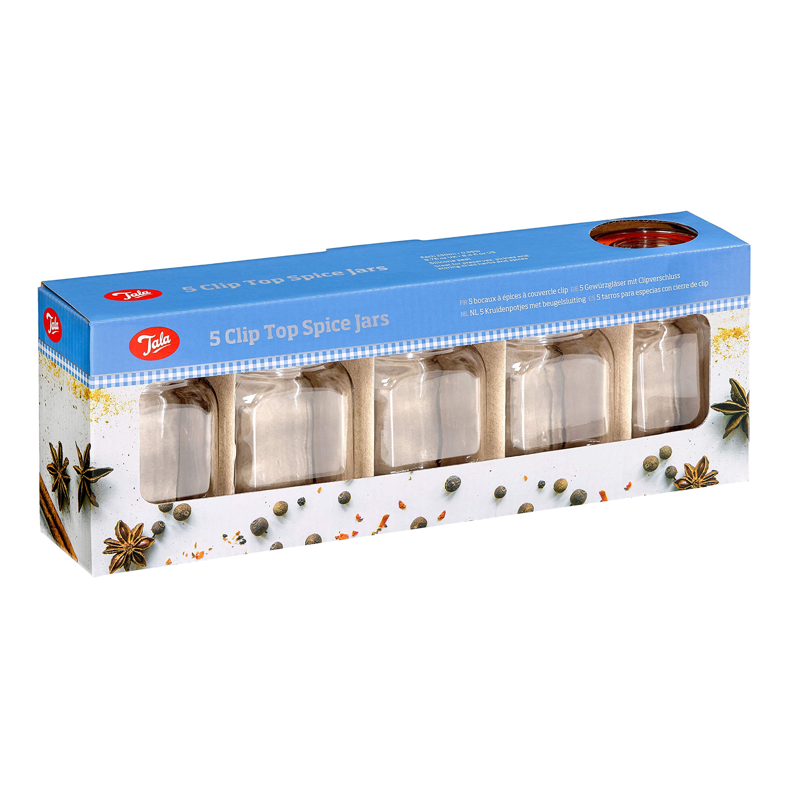 Tala Airtight Spice Jars with Silicone Seal, Set of 5 Clear Glass Clip-Top Jars (250ml), Ideal for Storing Herbs, Spices, Homemade Goods and More, Reusable and Dishwasher Safe