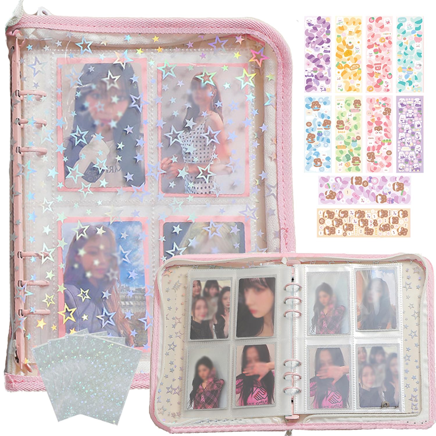 Photo 1 of Lora Rossie Kpop Photocard Binder with 6 Stickers Sheet & 50 Shinning Protective Card Sleeves Kpop Photocard Holder Book, A5 Binder Photocard Album 25 Inner Pages with 200 Pockets 6 Ring (Pink)