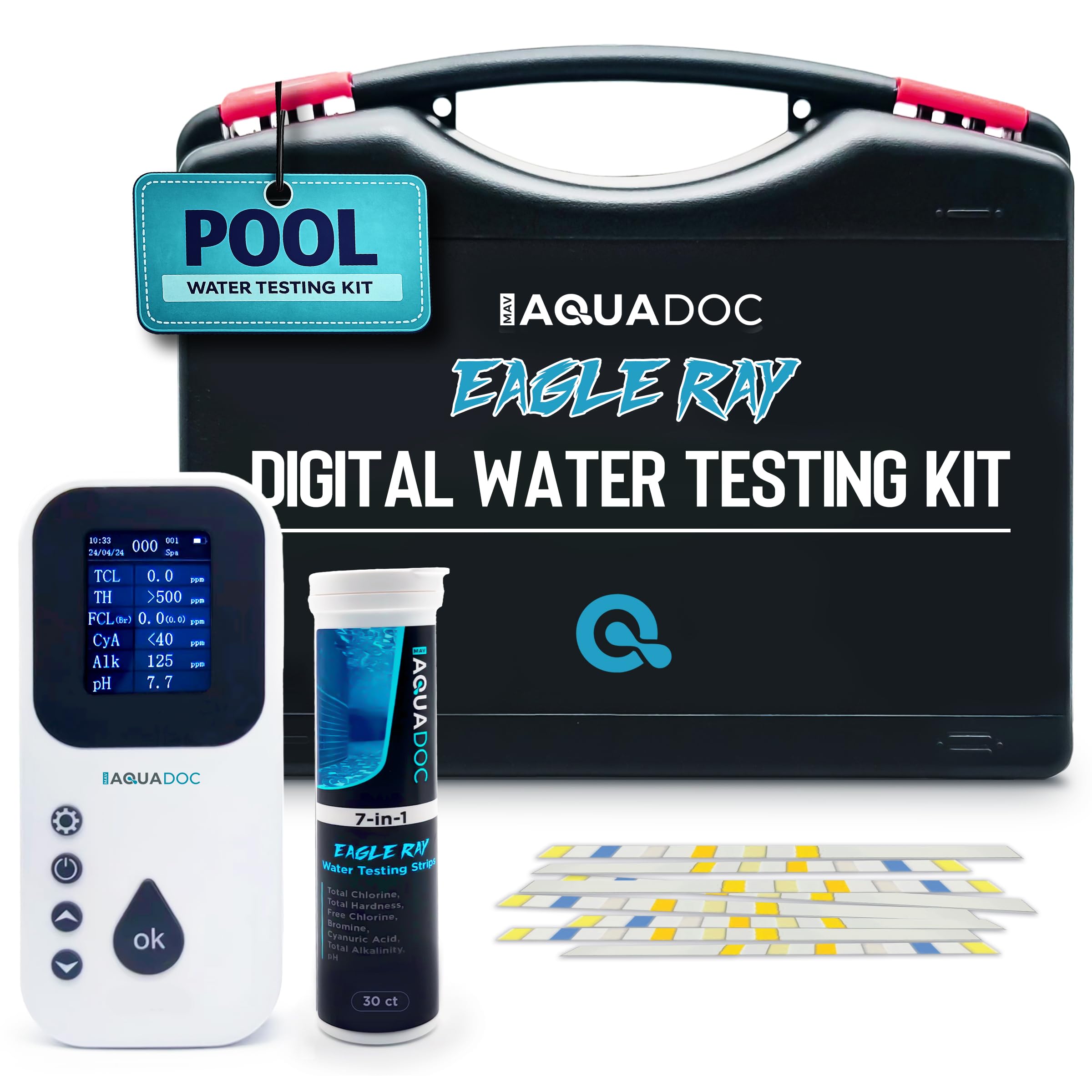Photo 1 of Eagle Ray Digital Pool Water Test Kit by AquaDoc with Digital Water Tester and 30 Pool Test Strips for Chlorine, Bromine, Total Hardness, Cyanuric Acid, Alkalinity, and pH