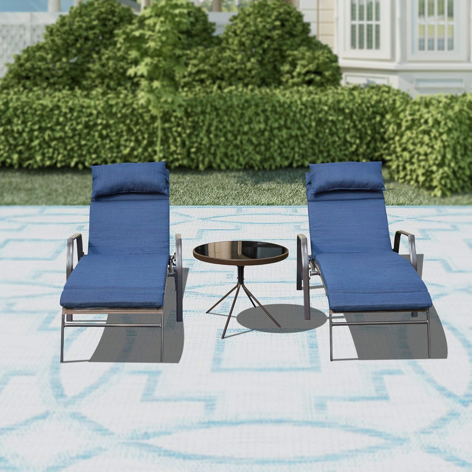 LOKATSE HOME 3 Pieces Outdoor Patio Chaise Lounges Chairs Set Adjustable with Folding Table, Dark Blue Cushions : Garden & Outdoor