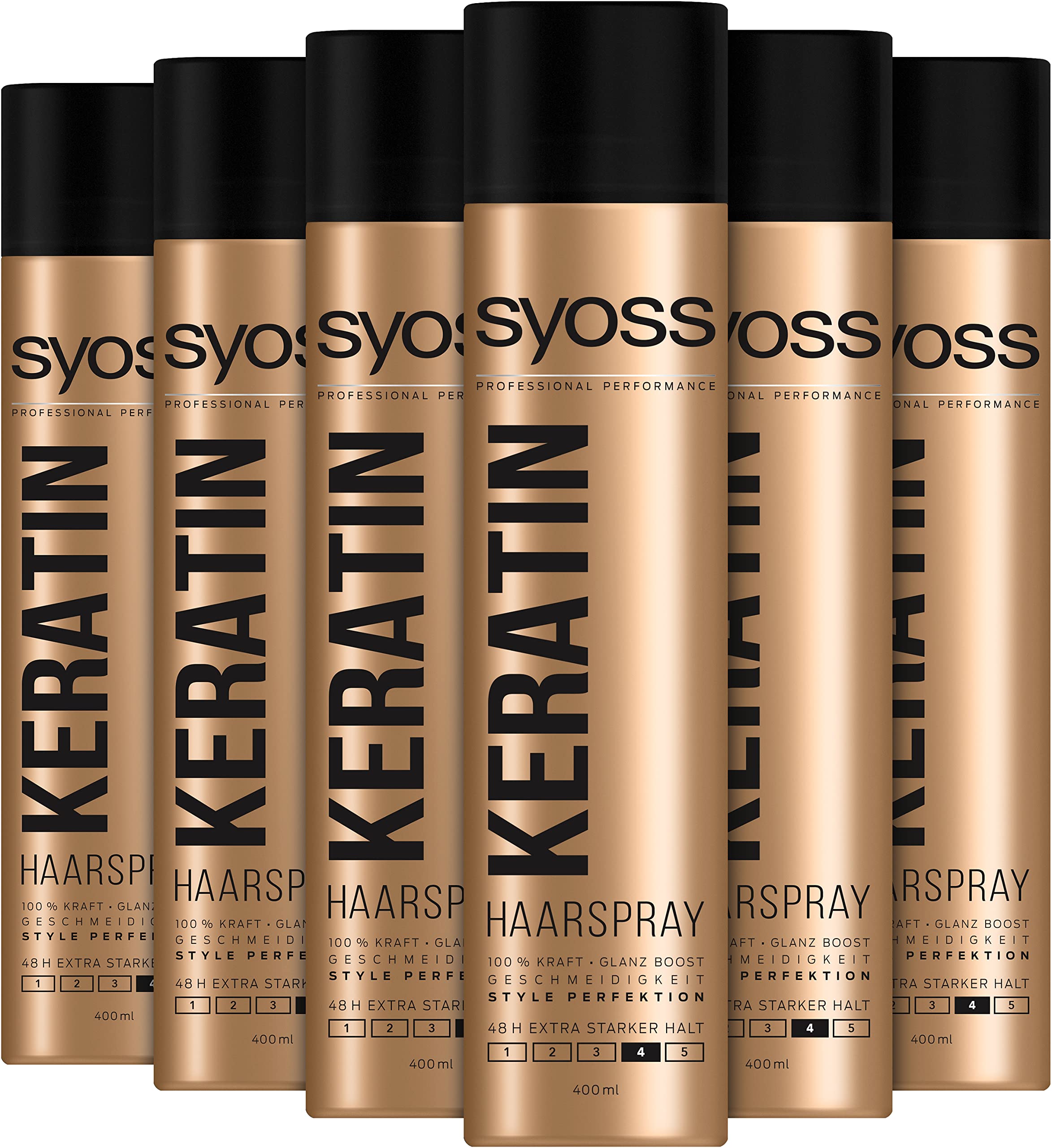 Syoss Keratin Hair Spray Hold Level 4 (6 x 400 ml), Extra Strong Hairspray for up to 48 Hours Maximum Styling Control, Gives Shine, Smoothness & UV Protection