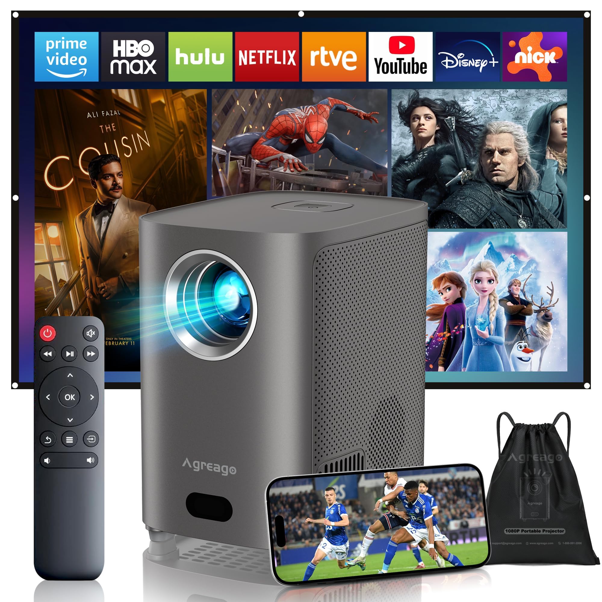 Photo 1 of [Electric Focus]Projector with WiFi and Bluetooth, Native 1080P 15,000 Lumens 4K Supported, Agreago Outdoor Movie Projector for Home Theater UP to 300", for iOS/Android/TV Stick/HDMI/USB (Gray)