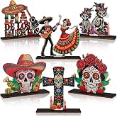 Day of the Dead Decorations Sugar Skull Wooden Sign, 6 Pcs | Dia De Los Muertos Decorations Wooden Mexican Altar Centerpiece for Mexican Fiesta Tiered Tray Decor, Death